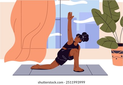 Active young woman stretching while morning workout. African American girl practices yoga poses indoor. Person does physical exercises during training, warmup. Home sport. Flat vector illustration