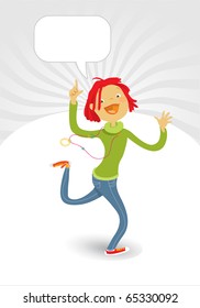 active young woman with word bubble for your announcement