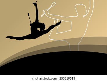 Active young women calisthenics sport gymnasts silhouettes with clubs in acrobatics abstract background illustration vector