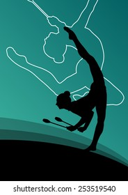 Active young women calisthenics sport gymnasts silhouettes with clubs in acrobatics abstract background illustration vector