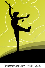 Active young women calisthenics sport gymnasts silhouettes with clubs in acrobatics abstract background illustration vector