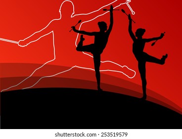 Active young women calisthenics sport gymnasts silhouettes with clubs in acrobatics abstract background illustration vector