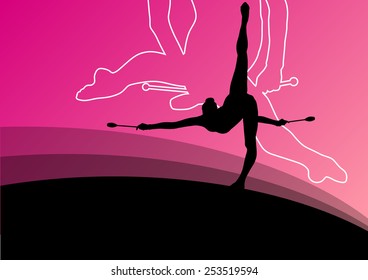 Active young women calisthenics sport gymnasts silhouettes with clubs in acrobatics abstract background illustration vector
