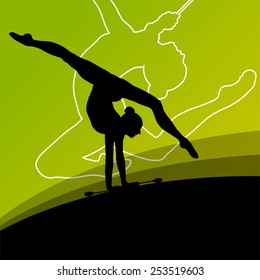 Active young women calisthenics sport gymnasts silhouettes with clubs in acrobatics abstract background illustration vector