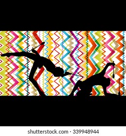 Active young women calisthenics sport gymnasts silhouettes with clubs in acrobatics abstract background illustration vector