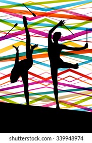 Active young women calisthenics sport gymnasts silhouettes with clubs in acrobatics abstract background illustration vector