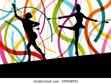 Active young women calisthenics sport gymnasts silhouettes with clubs in acrobatics abstract background illustration vector