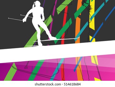 Active young women skiing sport silhouettes in winter abstract line background outdoor illustration vector