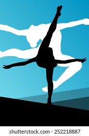 Active young women sport gymnasts ballerinas silhouettes in acrobatics abstract background illustration vector