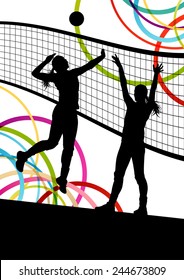 Active young women volleyball player sport silhouettes in abstract color background illustration vector