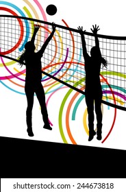 Active young women volleyball player sport silhouettes in abstract color background illustration vector