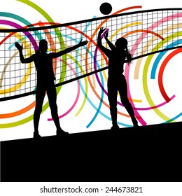 Active Young Women Volleyball Player Sport Silhouettes In Abstract Color Background Illustration Vector