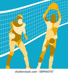 Active young women volleyball player sport silhouettes in abstract mosaic color round background illustration vector