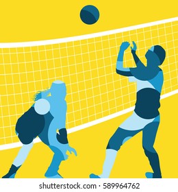 Active young women volleyball player sport silhouettes in abstract mosaic color round background illustration vector