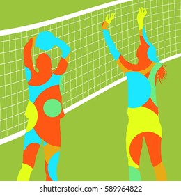 Active young women volleyball player sport silhouettes in abstract mosaic color round background illustration vector