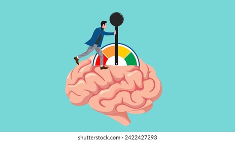 active your brain, smart thinking or emotional intelligence, smart businessman turn on switch on his own brain to high performance mode with flat design vector illustration