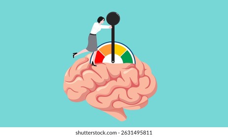 active your brain, smart thinking or emotional intelligence, smart woman turn on switch on his own brain to high performance mode with flat design vector illustration