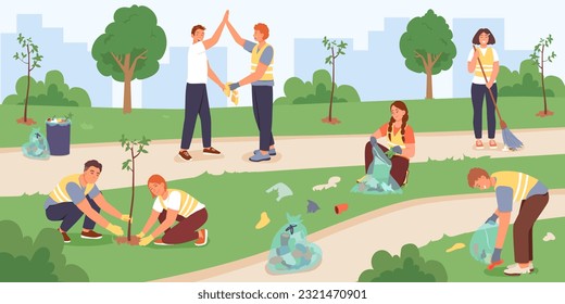 Active youth cleaning territory of park. Male and woman planting tree. Help and care of environment. Help planet concept. Garbage collection concept. Flat vector illustration in cartoon style