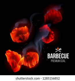 Actively Smoldering Embers of Fire for BBQ Grill with Smoke on Black Background