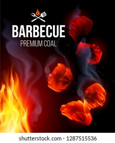 Actively Smoldering Embers of Fire for BBQ Grill with Smoke and Fire on Black Background