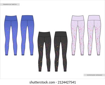 Activewear Fashion Paint Splash Printed Leggings Flat Sketch. Technical Drawings Illustrator Vector Template.