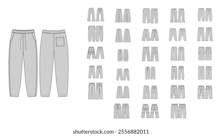 Activewear Fashion Technical Illustration - Trouser Joggers Front and Back Views, Men Women Unisex Trousers CAD Mockups - Set of Pants Joggers Trousers - Technical Flat Drawing of Jeans Pants Cargo