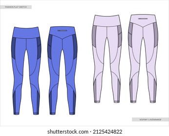 Activewear high waist sports leggings flat sketch. Technical drawings Illustrator vector template.