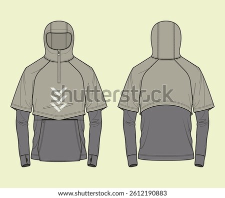 Activewear Raglan Sleeve Half Zip Through Performance Hoodie Fashion Flat Sketch Outline CAD Mockup Template.