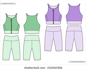 Activewear sports top and leggings set fashion flat sketch. Technical drawings Illustrator vector template.