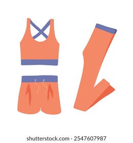 Ativewear vetor set.Sports sutiã, shorts e leggings ilustrações isoladas no fundo branco. Roupa de esporte feminino para fitness, ginásio e treino em casa, ioga e pilates em estilo simples plana