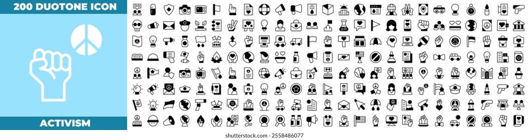 Activism Duotone Editable Icons set. Vector illustration in modern thin duotone style of activism icons: Activism icon set. Containing protest, activist, demonstration, strike, advocacy, petition, etc