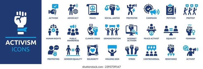 Activism icon set. Containing protest, activist, demonstration, strike, advocacy, petition, human rights. Solid vector icons collection.