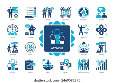 Activism icon set. Reform, Boycott, Strike, Petition, Advocacy, Influence, Change, Success. Duotone color solid icons