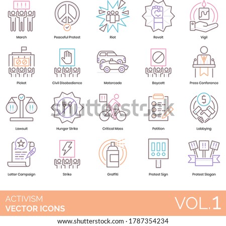 Activism icons including march, peaceful protest, riot, revolt, vigil, picket, civil disobedience, motorcade, boycott, press conference, lawsuit, hunger strike, critical mass, petition, sign, slogan. Foto stock © 