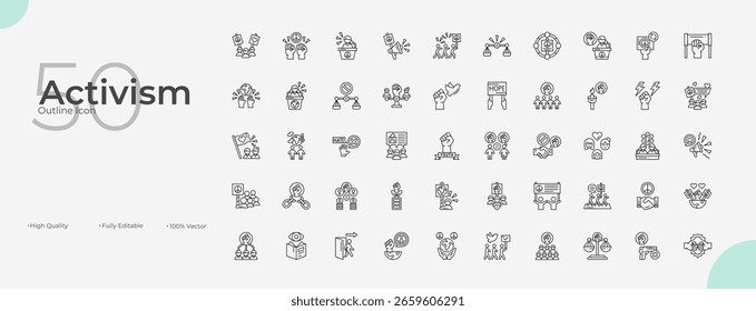 Conjunto de iconos editables de línea de activismo. Ilustración vectorial en estilo de línea delgada moderna de iconos de activismo: protesta, manifestación, activista, etc
