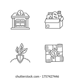 Juego de iconos lineales perfectos en píxeles de activismo. Donación a la biblioteca pública. Ayuda humanitaria. Banco de alimentos. Símbolos de contorno de línea delgada personalizables. Ilustraciones aisladas del contorno vectorial. Trazo editable