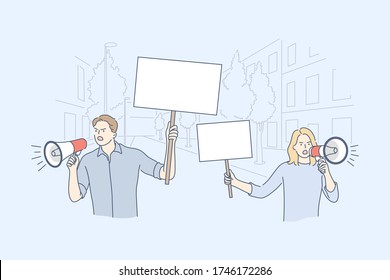 Activism, protest, demonstration concept. Young man and woman boy and girl activists take part political meeting or parade holding banners placards. Active civil position and expression of discontent.