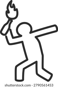 Activism strike line icon featuring a rioter stick figure throwing a burning Molotov cocktail bottle.
