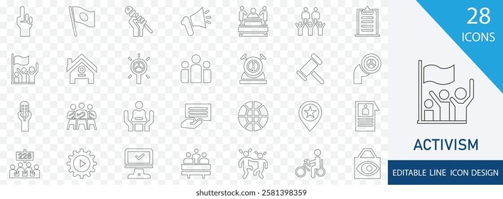 Activism stroke icon set. containing  demonstration, equality,  petition, public awareness,  peace and more line collection