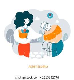Activist assisting elderly people flat vector illustration