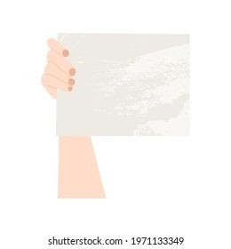 Activist with blank placard for demonstration, protest. Protester with poster. Hands holding banner. Social issue. Vector flat cartoon illustration