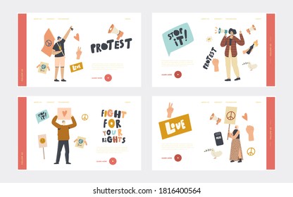 Activist Characters Protest for Love and Peace on Riot or Picket Landing Page Template Set. Protesting People with Placards and Signboard on Strike or Demonstration. Linear People Vector Illustration