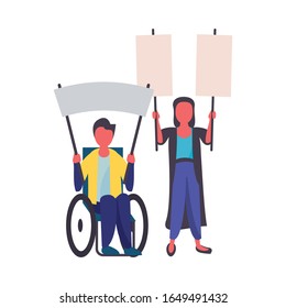 activist couple in wheelchair with protest banner vector illustration design