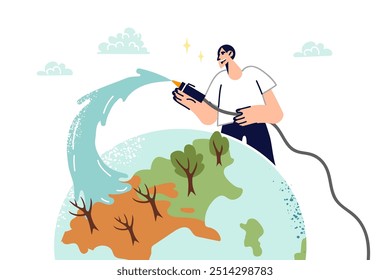 Activist fighting global warming and climate change waters planet earth with water hose. Man volunteer saves forests affected by global warming and carbon footprint causing environmental destruction.