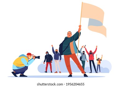 Activist with a flag shouts in protest for human rights. Press photographer takes photos documenting demonstrate. A crowd of people with banners protesting in the street. Flat vector illustration.