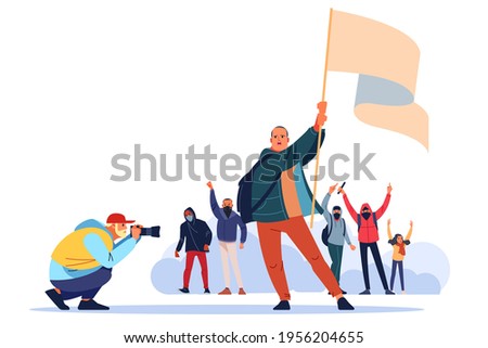 Activist with a flag shouts in protest for human rights. Press photographer takes photos documenting demonstrate. A crowd of people with banners protesting in the street. Flat vector illustration.