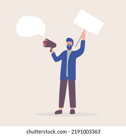 activist guy holding an empty banner and a mouthpiece. Protest for human rights and social equality. Advertising template or ad. Participation in a peaceful demonstration. Vector flat