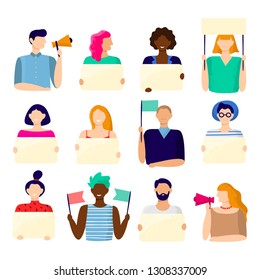 Activist holding placard. Protest active people, male and female hold poster and protesting activists. Manifestation picket, voting campaign protestors. Vector illustration isolated icons bundle