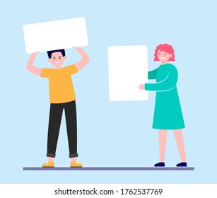 Activista con carteles de apoyo. Hombre y mujer con banner blanco y afiche de ilustración vectorial plana. Campaña social, concepto de piquete para banner, diseño de sitio web o página web de aterrizaje