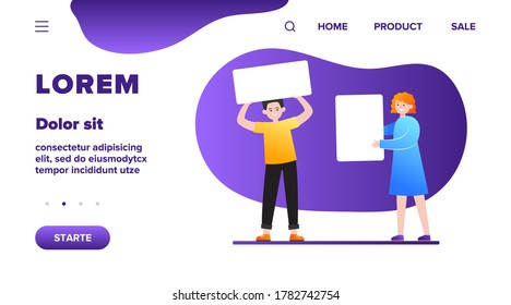 Activist holding support placards. Man and woman with white blank banner and poster flat vector illustration. Social campaign, picket concept for banner, website design or landing web page